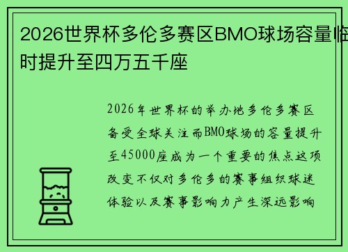 2026世界杯多伦多赛区BMO球场容量临时提升至四万五千座