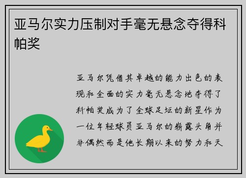 亚马尔实力压制对手毫无悬念夺得科帕奖 亚马尔实力压制对手毫无悬念夺得科帕奖