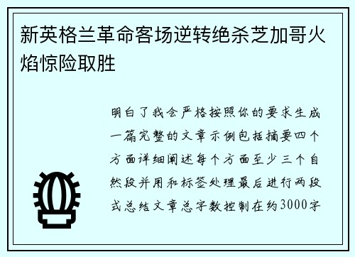 新英格兰革命客场逆转绝杀芝加哥火焰惊险取胜 新英格兰革命客场逆转绝杀芝加哥火焰惊险取胜