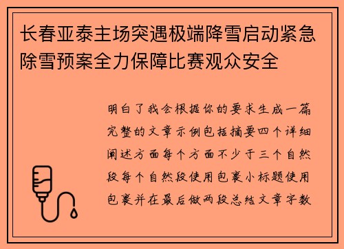 长春亚泰主场突遇极端降雪启动紧急除雪预案全力保障比赛观众安全 长春亚泰主场突遇极端降雪启动紧急除雪预案全力保障比赛观众安全