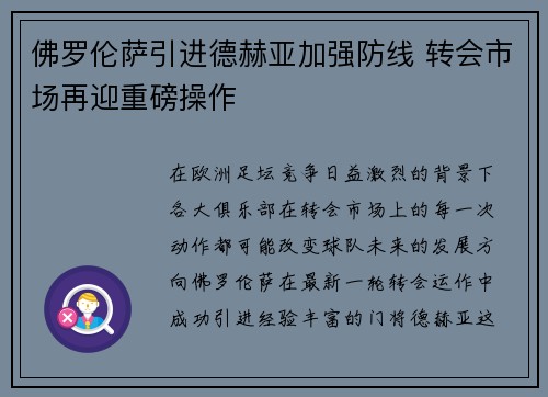 佛罗伦萨引进德赫亚加强防线 转会市场再迎重磅操作 佛罗伦萨引进德赫亚加强防线 转会市场再迎重磅操作